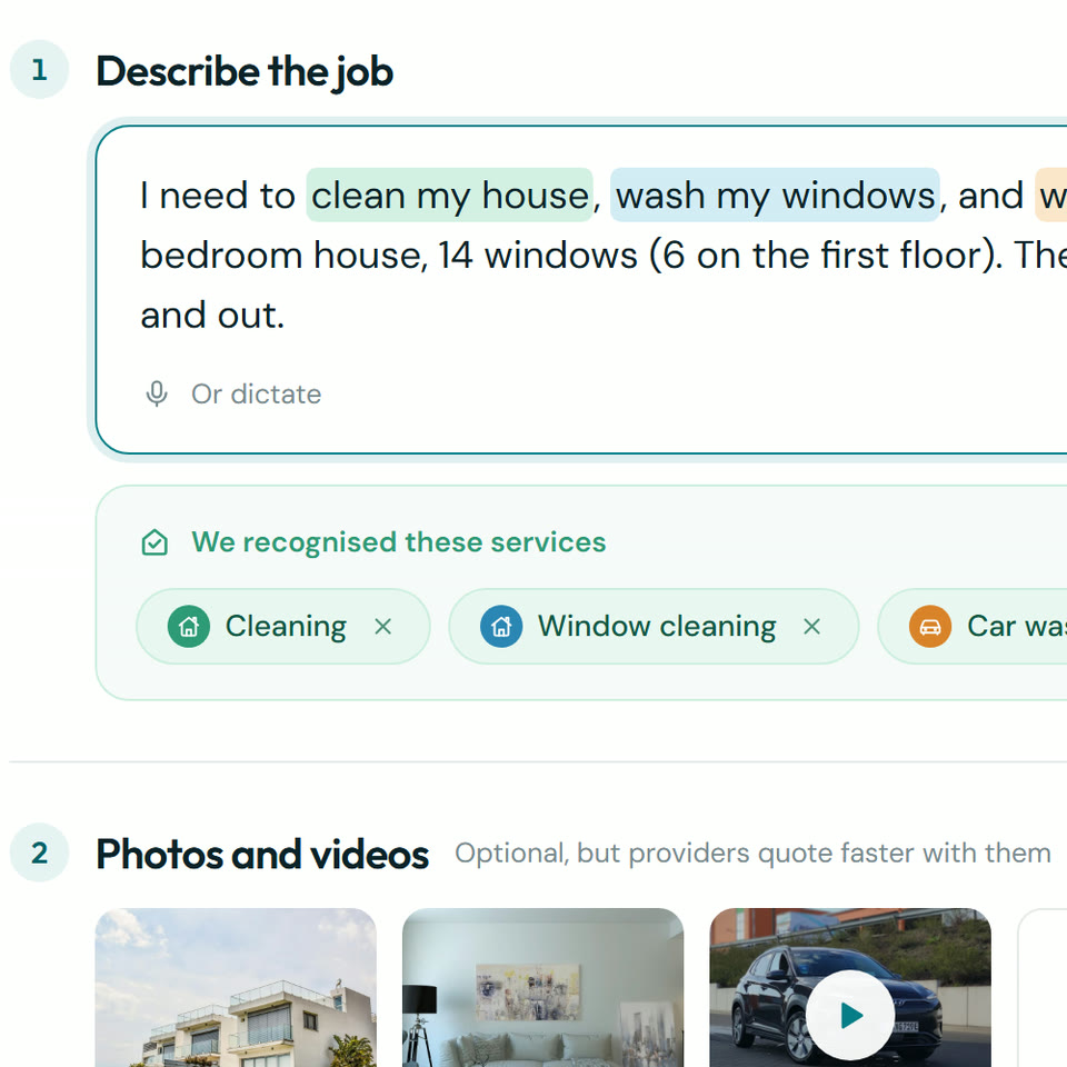 Loqelo Post a job screen: a job description with highlighted phrases and the services recognised from it: Cleaning, Window cleaning and Car washing.