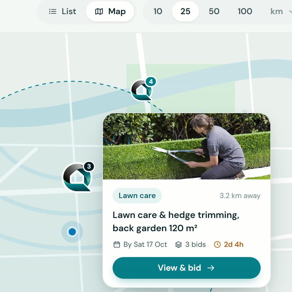 Loqelo provider screen: a map of matching jobs inside a chosen search radius, with a selected lawn care and hedge trimming job and a View and bid button.