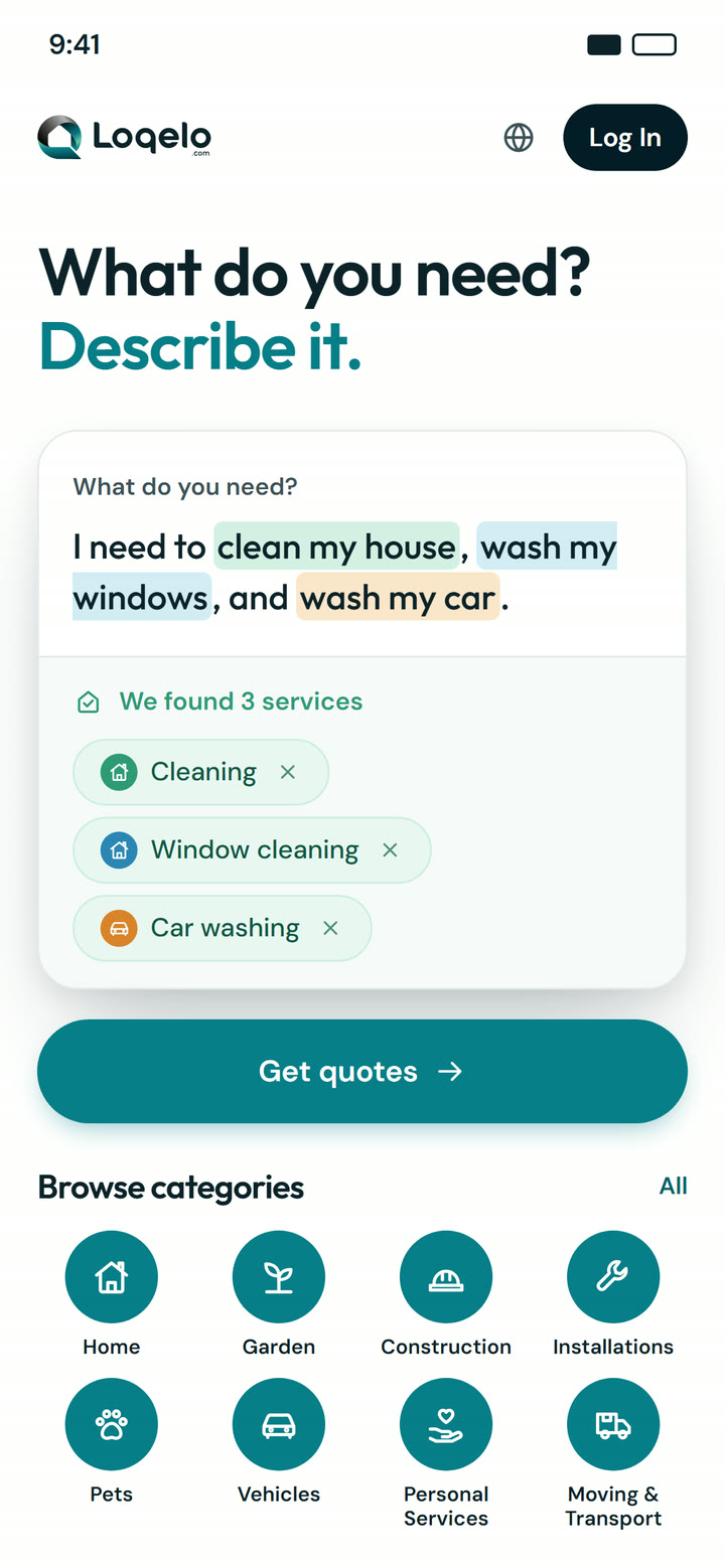 Loqelo mobile home screen: a customer describes what they need, the app finds three services, and service categories are listed below.