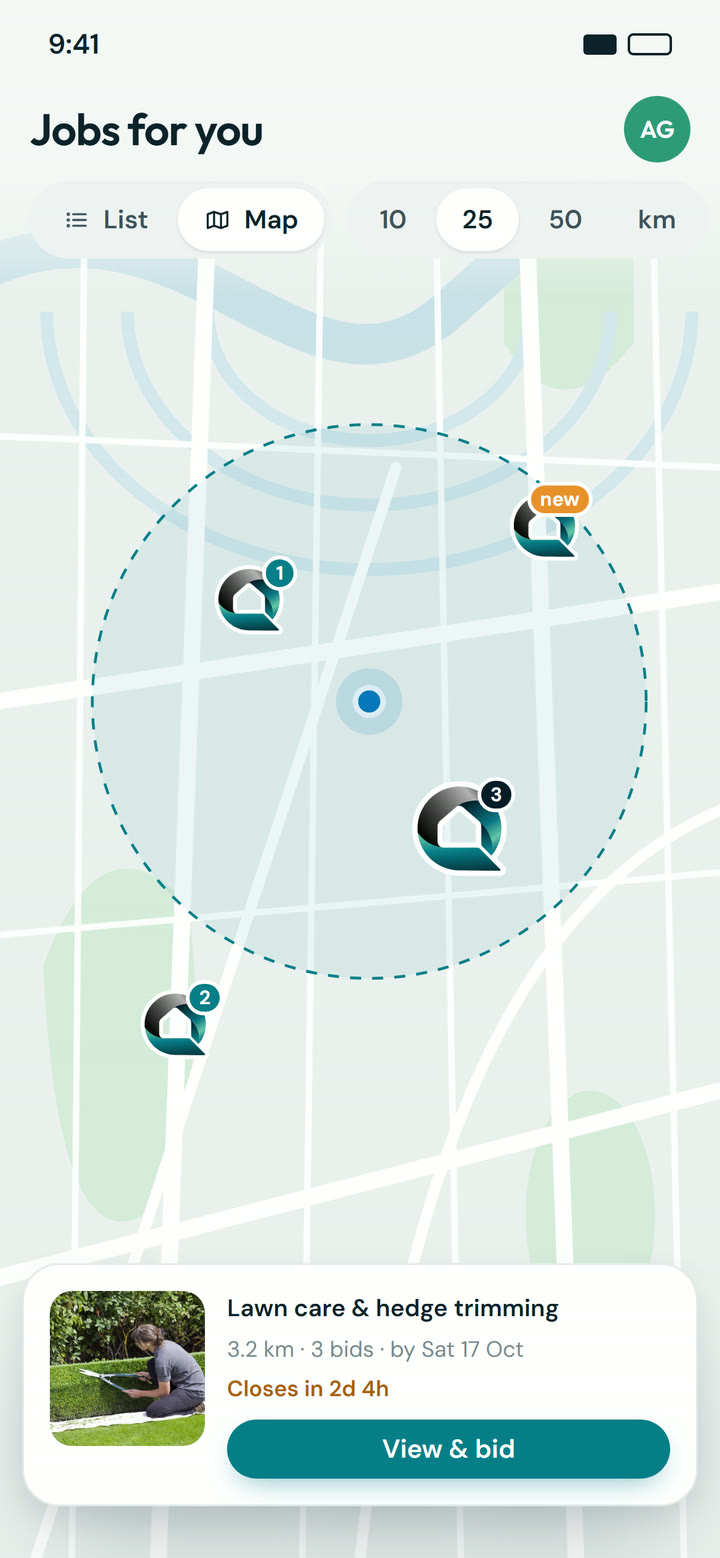 Loqelo mobile provider map: matching jobs shown as pins inside a search radius, with a selected job card and a View and bid button.