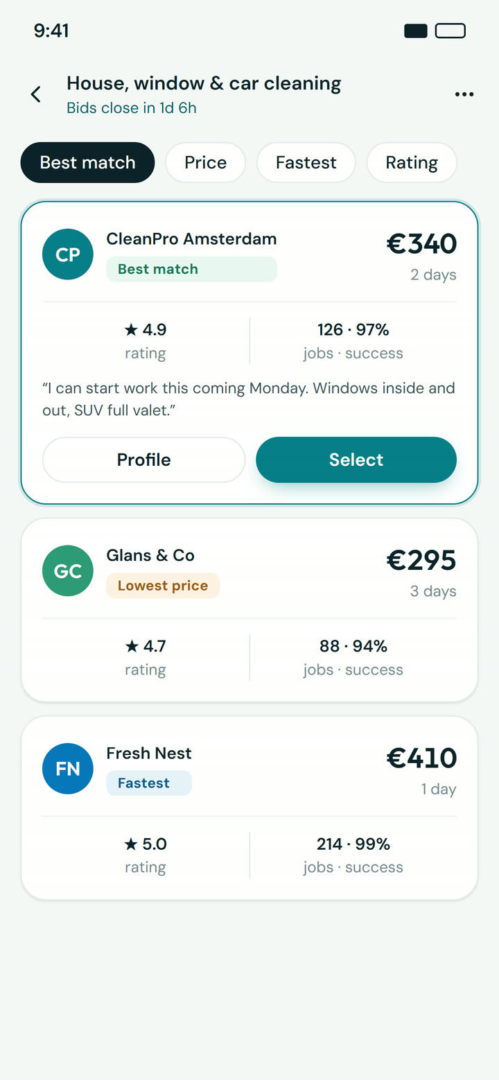 Loqelo mobile offers screen: sample offers sorted by best match, each with price, days, rating and a Select button.