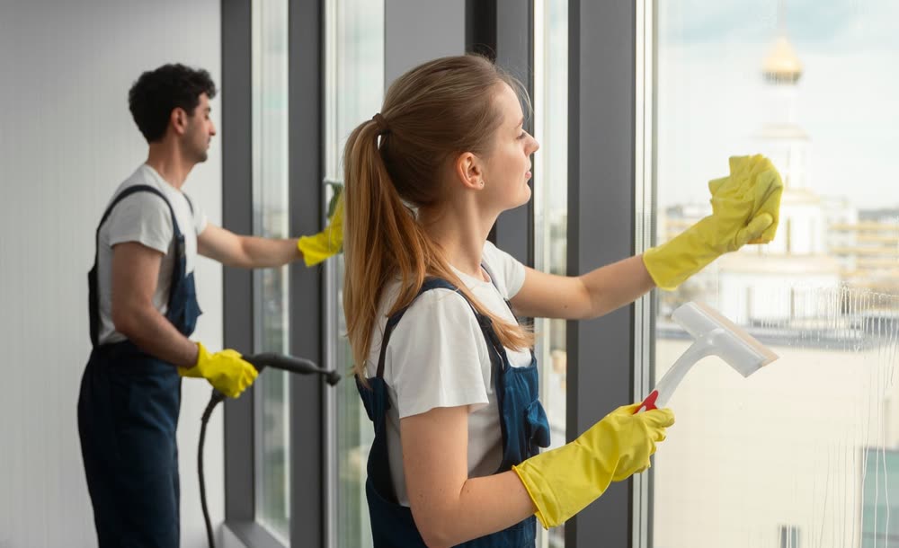Cleaner in yellow gloves washing a large window